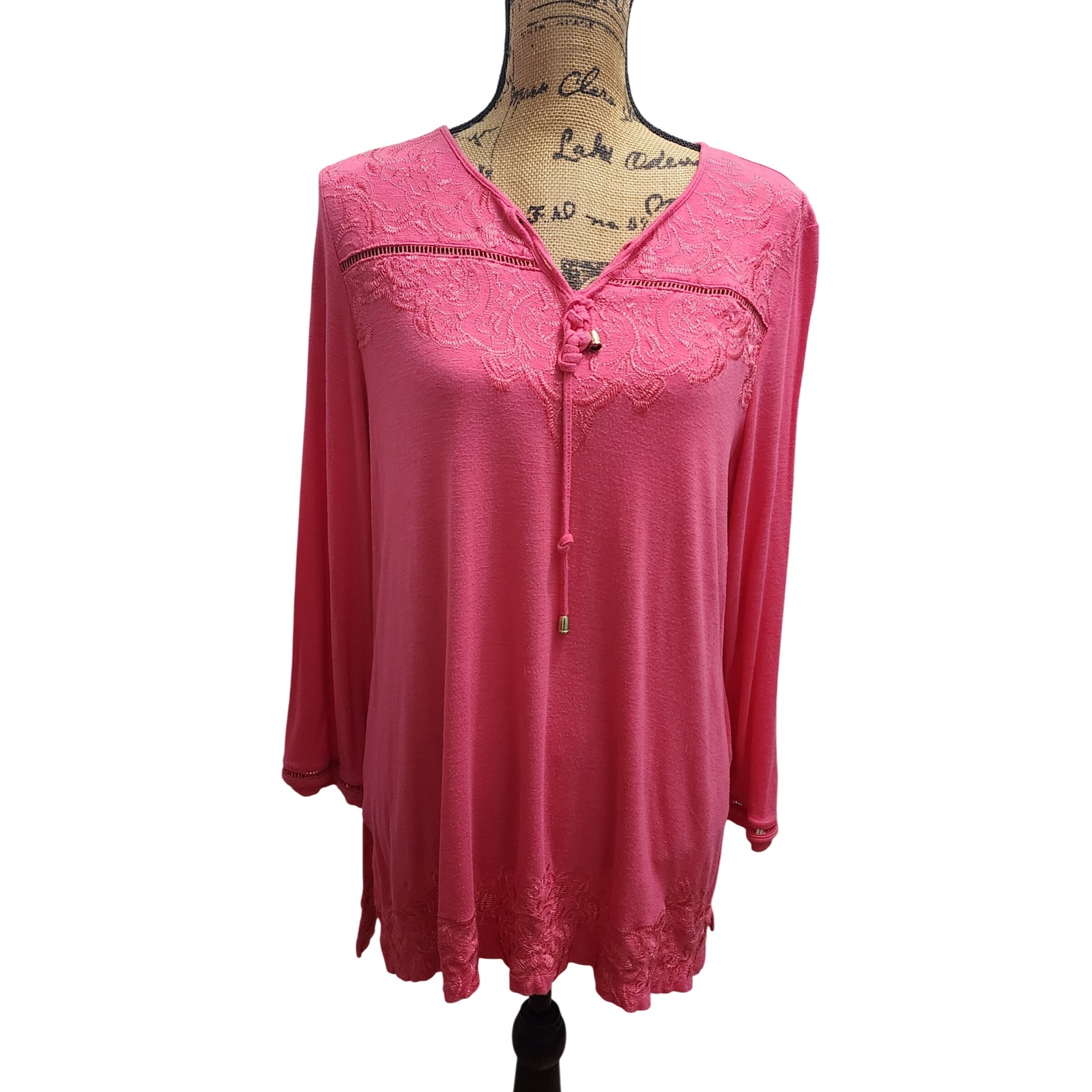 Rafaella Women's L/G Pink Embroidered Tunic Top Blouse Long Sleeve Casual